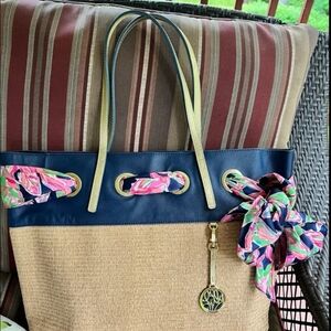 Lilly Pulitzer Navy and Tan Straw Tote